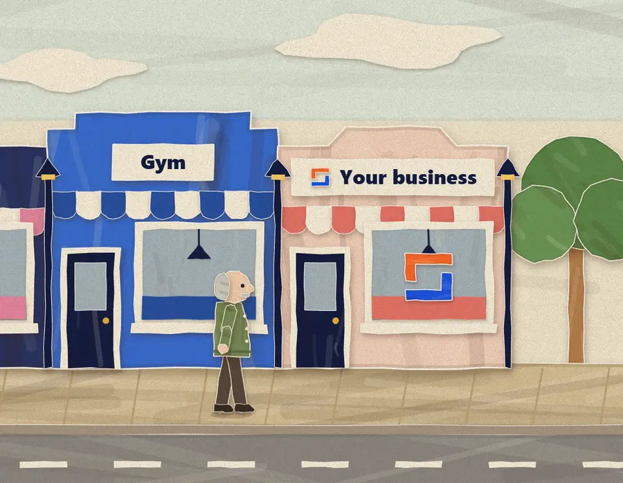 Illustration: a Perth street of shops with every window lit - a plumber, a café, a florist, a barber and a gym - and at the end of the row a new shop with the Solaisoft mark on its sign, labelled Your business